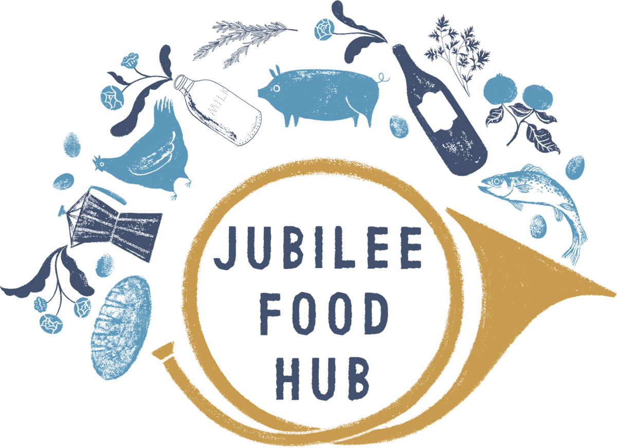 Jubilee Food Hub logo: a hunting horn surrounded by illustrated produce